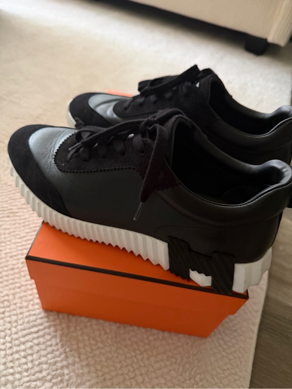 Hermes Black Leather and Suede Low-Top Sneakers with White Ripstop Sole